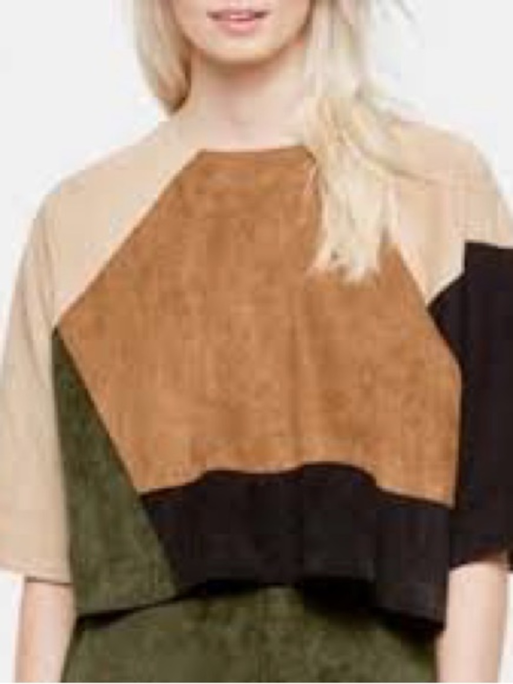 Vince Camuto Colorblock Suede-Panel Crop Top in Tan, Olive & Black